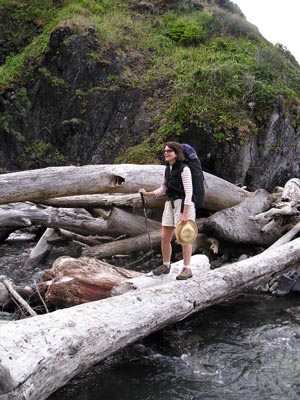 leslie Warren on a log bridge