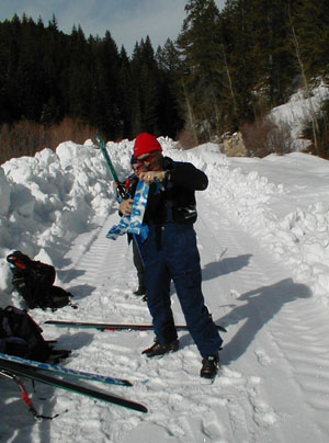 Martin and Mrresa Meyer put cow skins on their tele skis