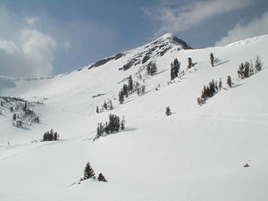 We skied down the steep couloir left of the summit