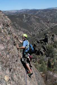 Joe Hastings leads the crux traverse on Machette Ridge