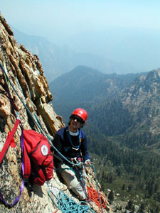 Chris Hibbert belays Hal on pitch 6, the Obelisk