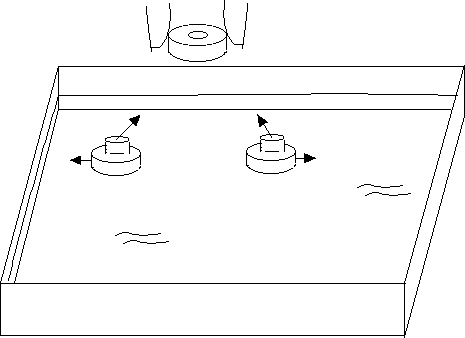 hold a magnet over a tank attracting two floating magnets which repel each other