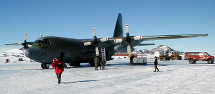 Paul leaving the C-130 on the sea ice runway.