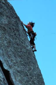 Irmgard leads a "wife climb" 5.10a bolts at City of Rocks