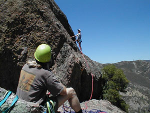 Paul Doherty belays Chris Hibbert on the Middle Peak of Machette Ridge