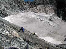 climbers on the CMC face of Moran, Skillet glacier below.